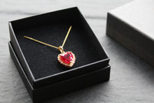 Load image into Gallery viewer, Gold &amp; Ruby Cubic Zirconia Heart of India Pendant with 16-18&quot; Chain
