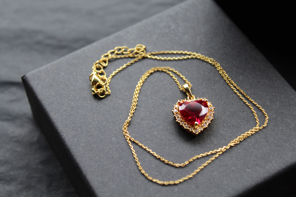 Gold & Ruby Cubic Zirconia Heart of India Pendant with 16-18" Chain