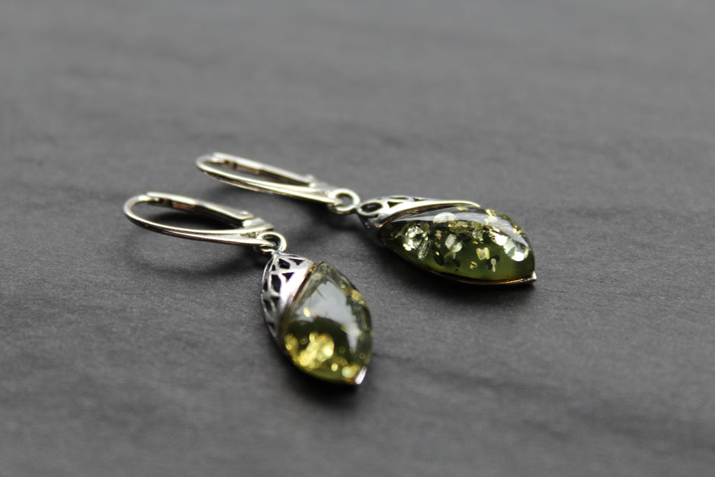 Green Amber Tear Drop Earrings