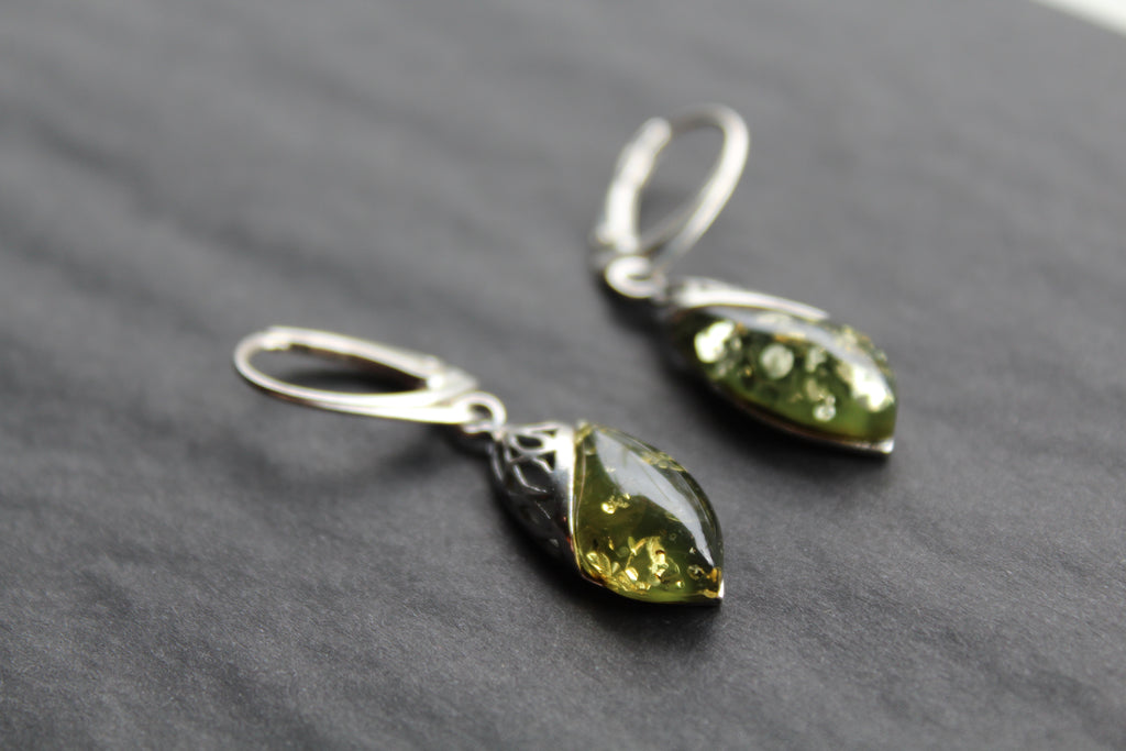 Green Amber Tear Drop Earrings