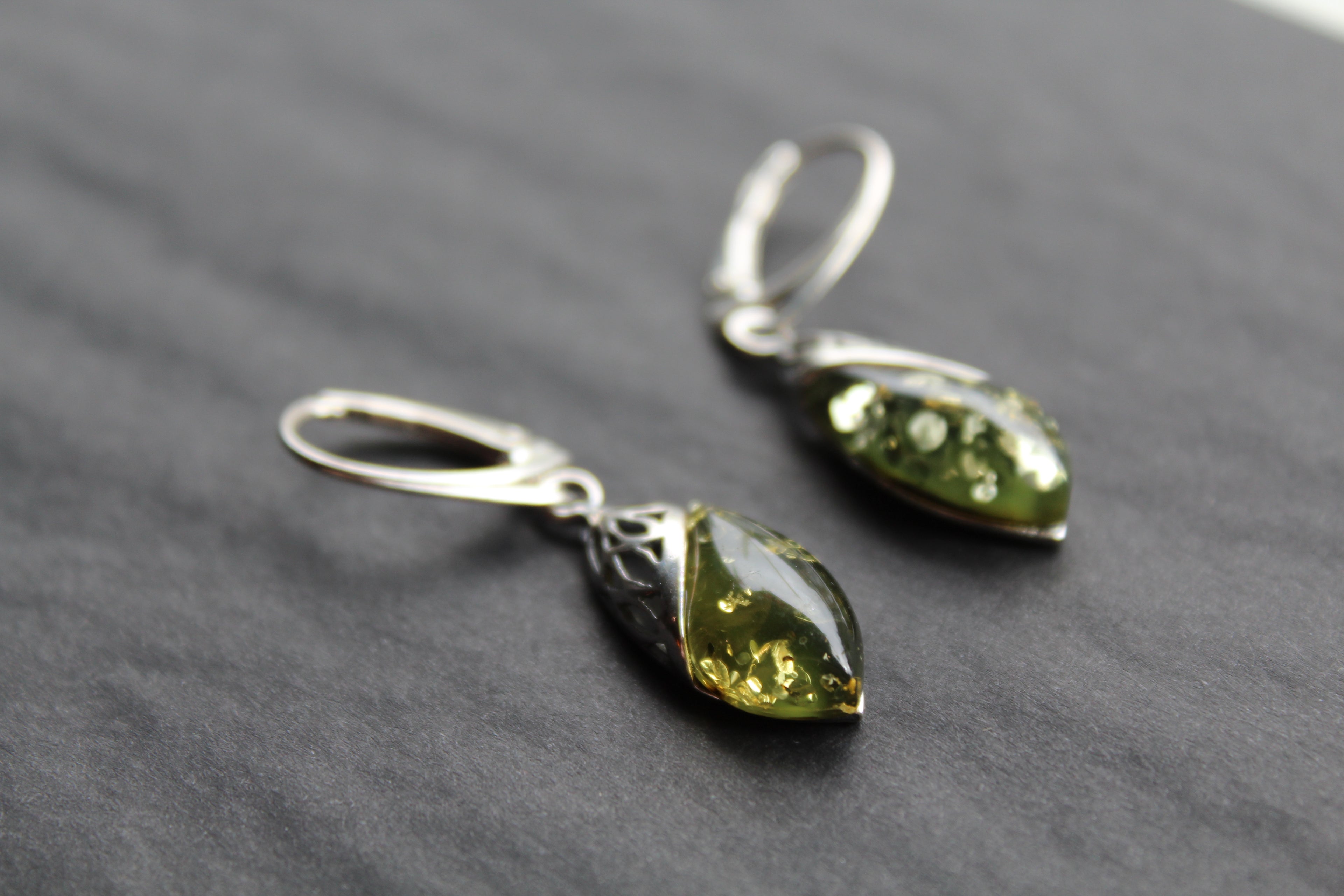 Green Amber Tear Drop Earrings