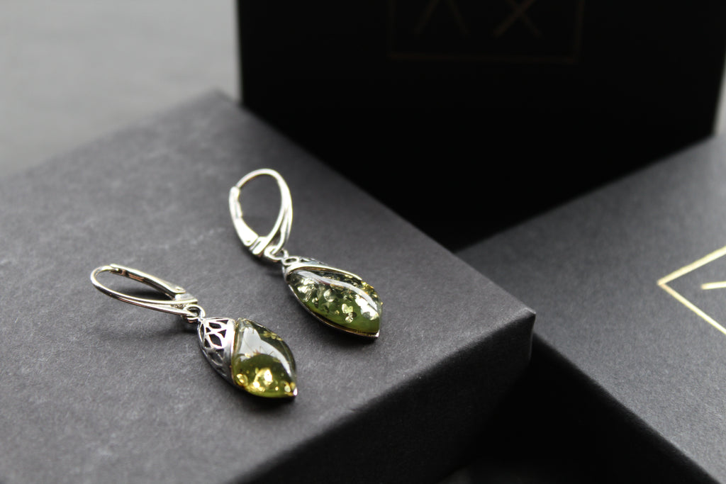 Green Amber Tear Drop Earrings