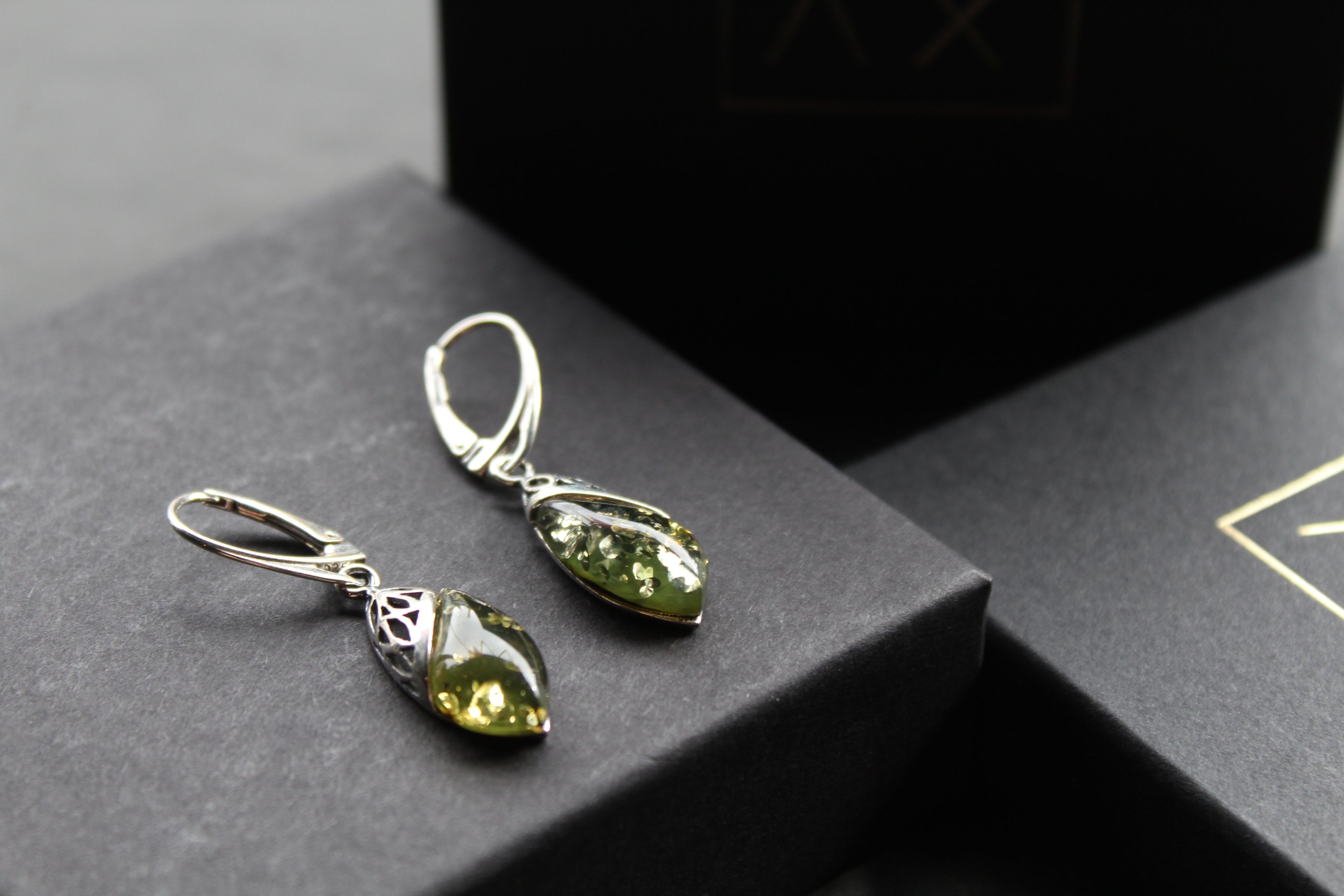 Green Amber Tear Drop Earrings