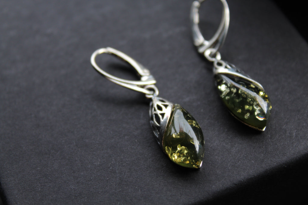 Green Amber Tear Drop Earrings