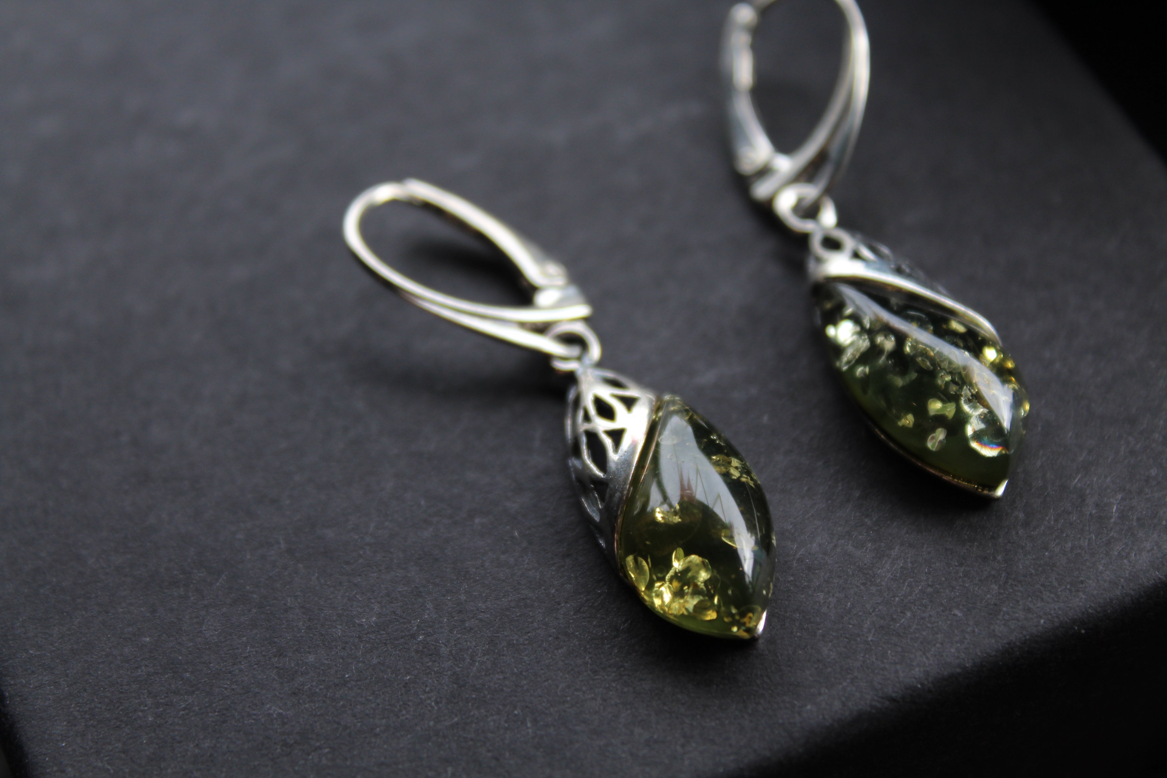 Green Amber Tear Drop Earrings