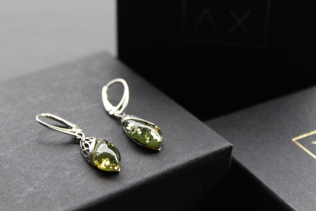 Green Amber Tear Drop Earrings