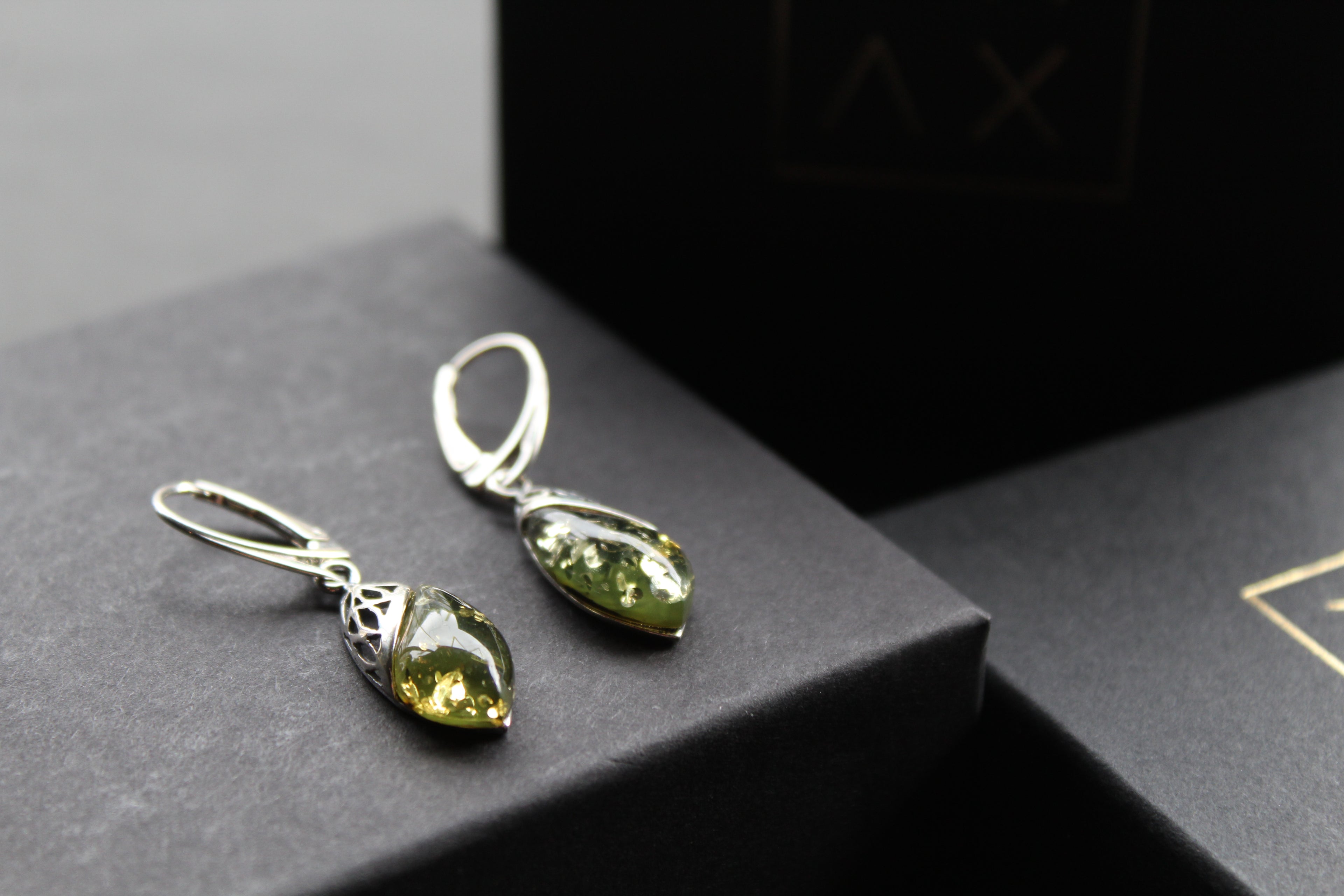 Green Amber Tear Drop Earrings