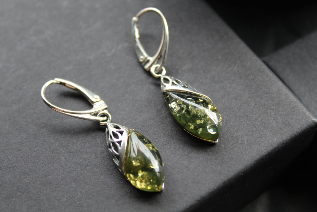 Green Amber Tear Drop Earrings