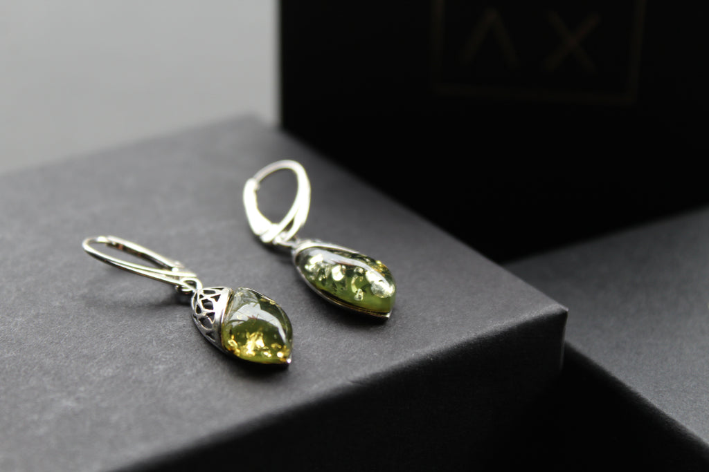 Green Amber Tear Drop Earrings