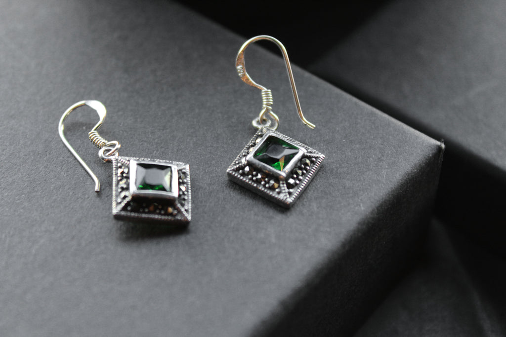 Green CZ Emerald Marcasite Drop Earrings