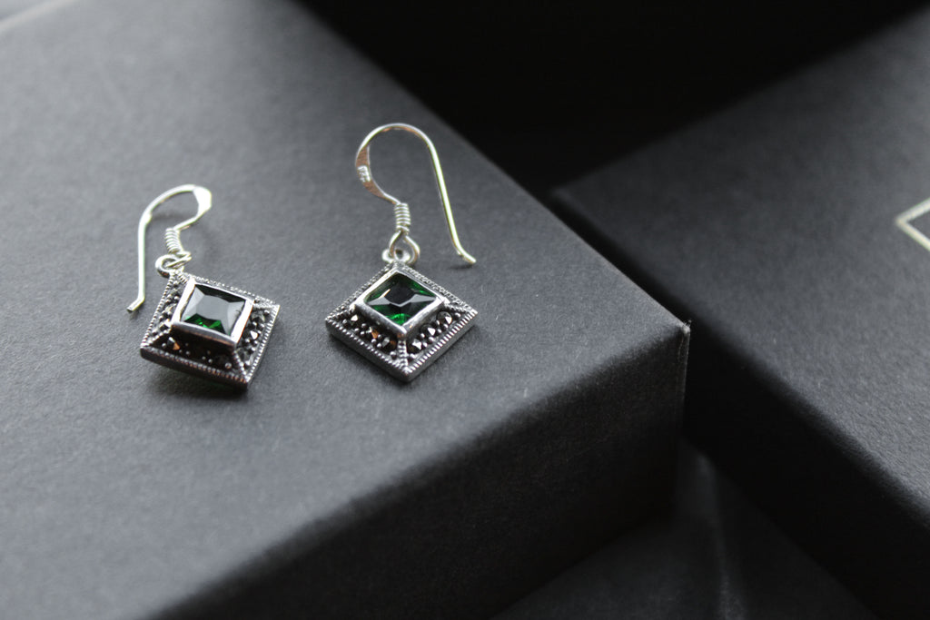 Green CZ Emerald Marcasite Drop Earrings