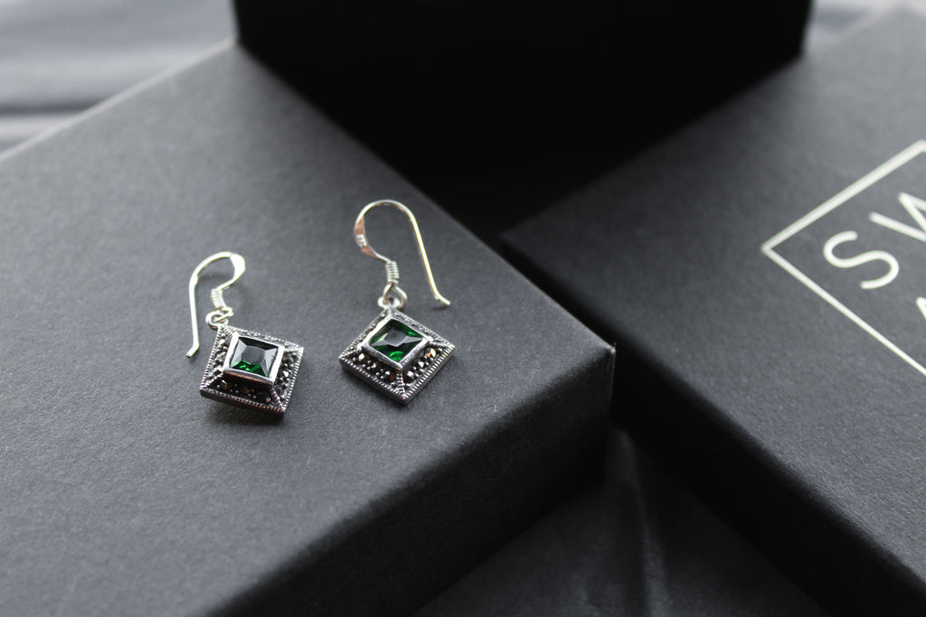 Green CZ Emerald Marcasite Drop Earrings
