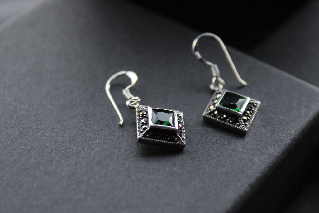 Green CZ Emerald Marcasite Drop Earrings