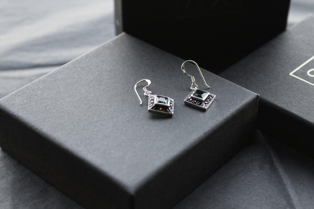 Green CZ Emerald Marcasite Drop Earrings