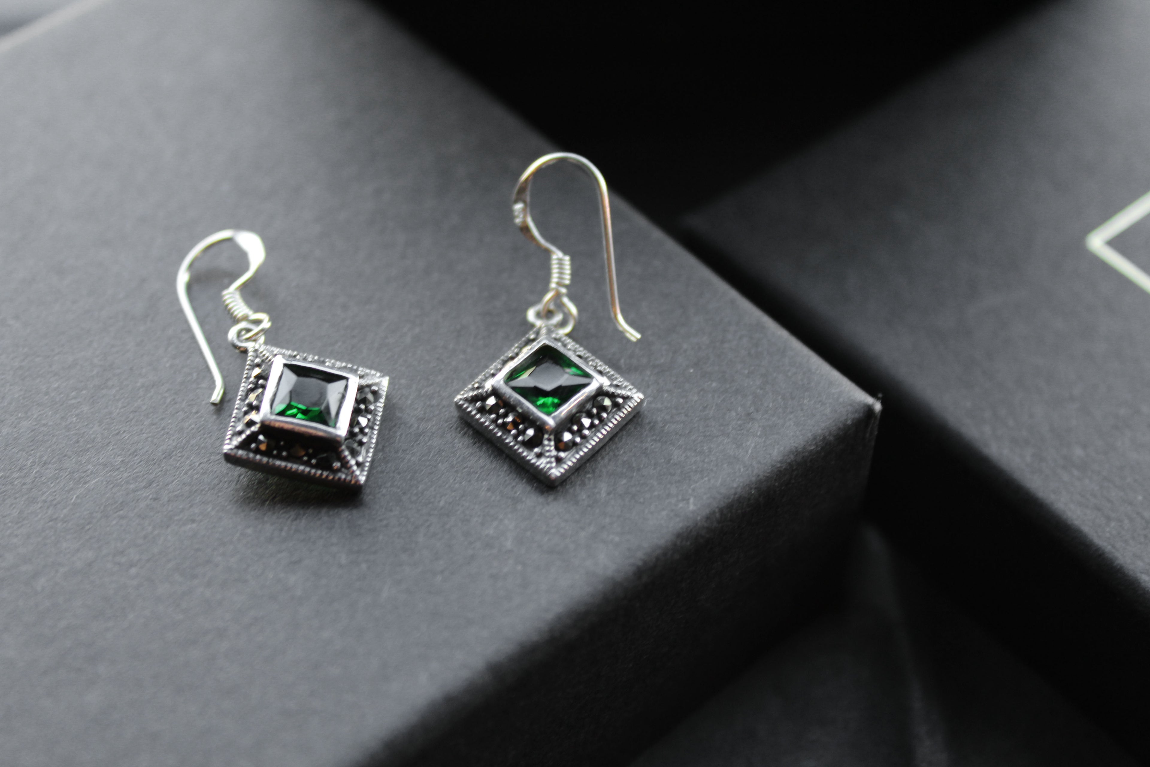 Green CZ Emerald Marcasite Drop Earrings