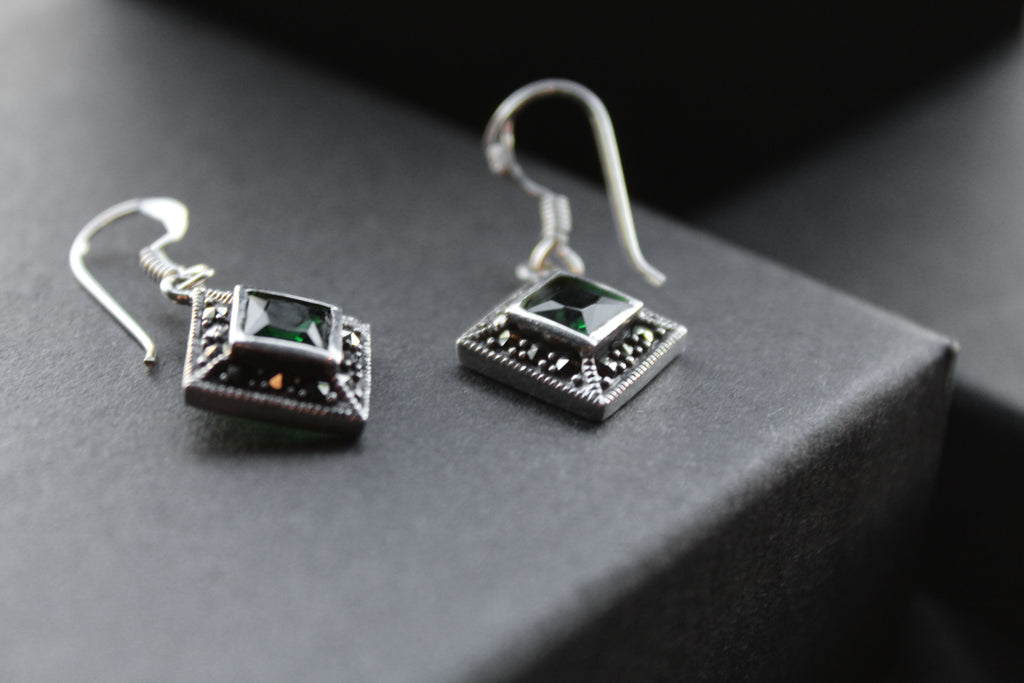 Green CZ Emerald Marcasite Drop Earrings
