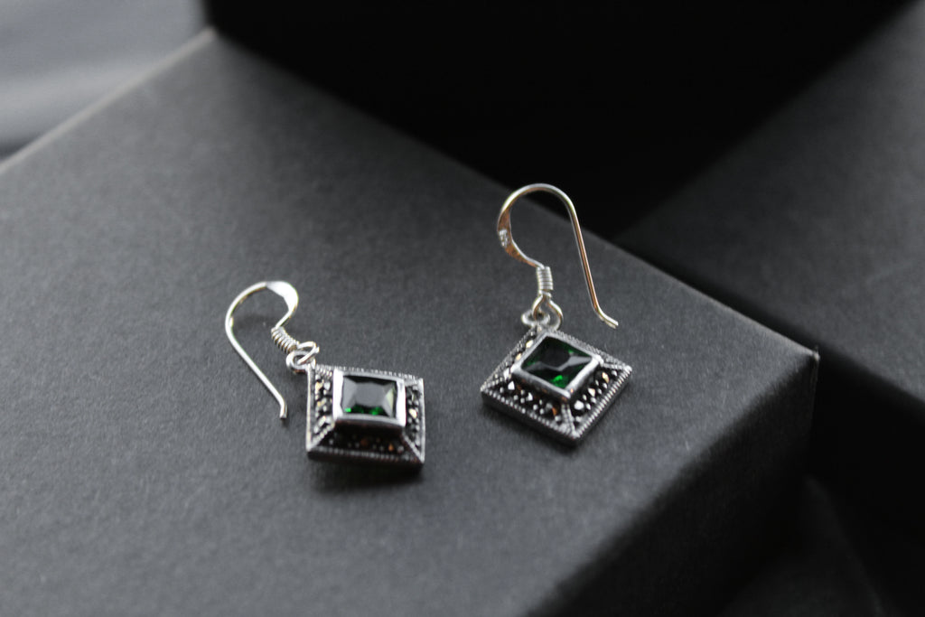 Green CZ Emerald Marcasite Drop Earrings
