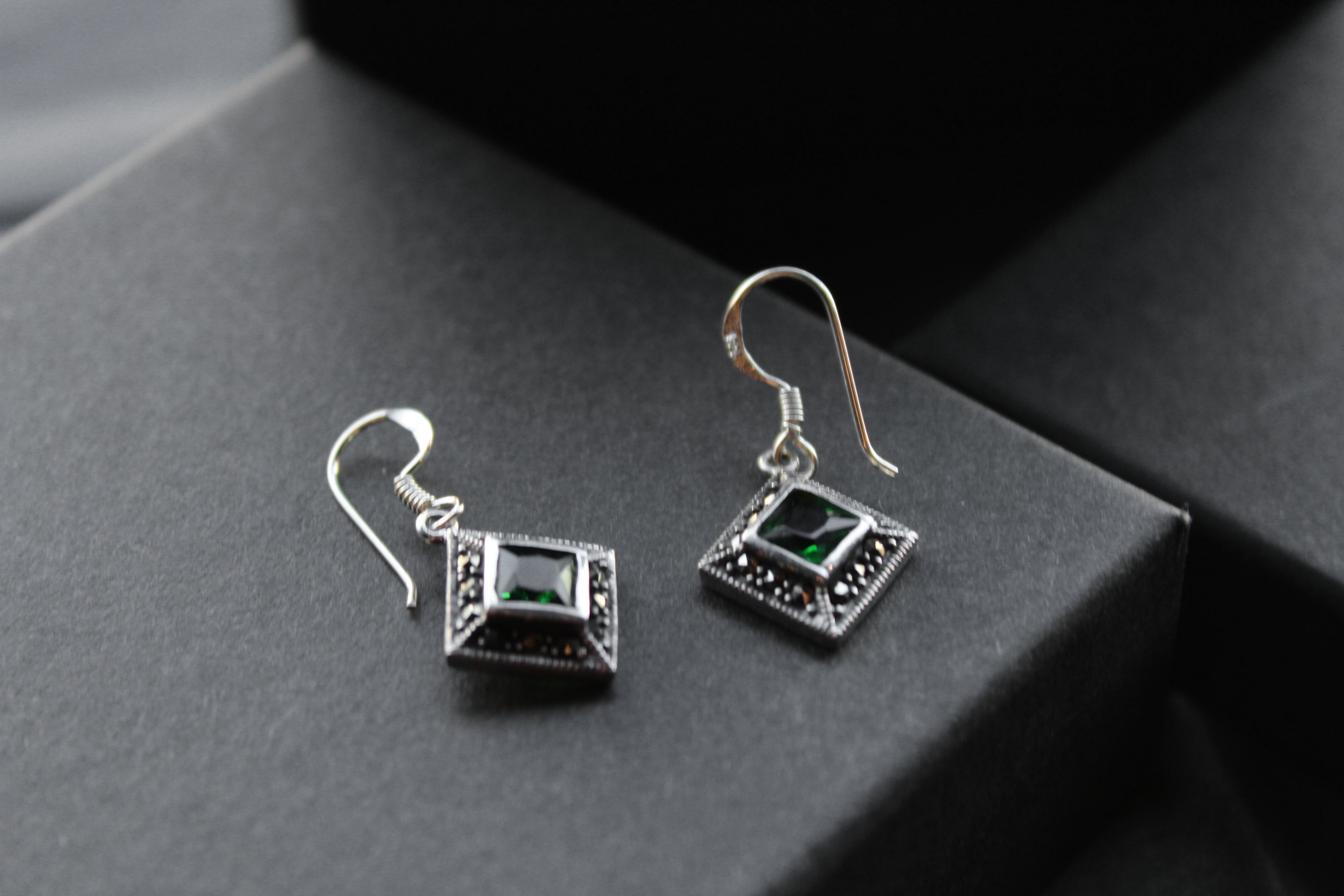 Green CZ Emerald Marcasite Drop Earrings