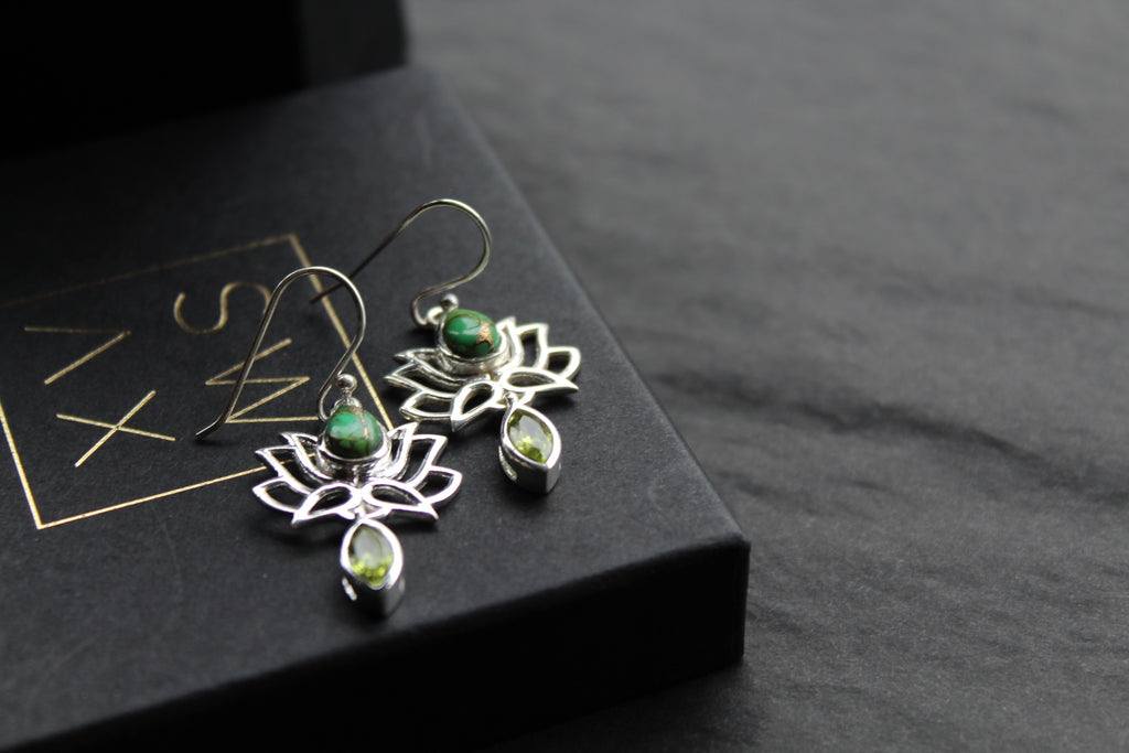 Green Copper Turquoise Peridot Lotus Flower Earrings