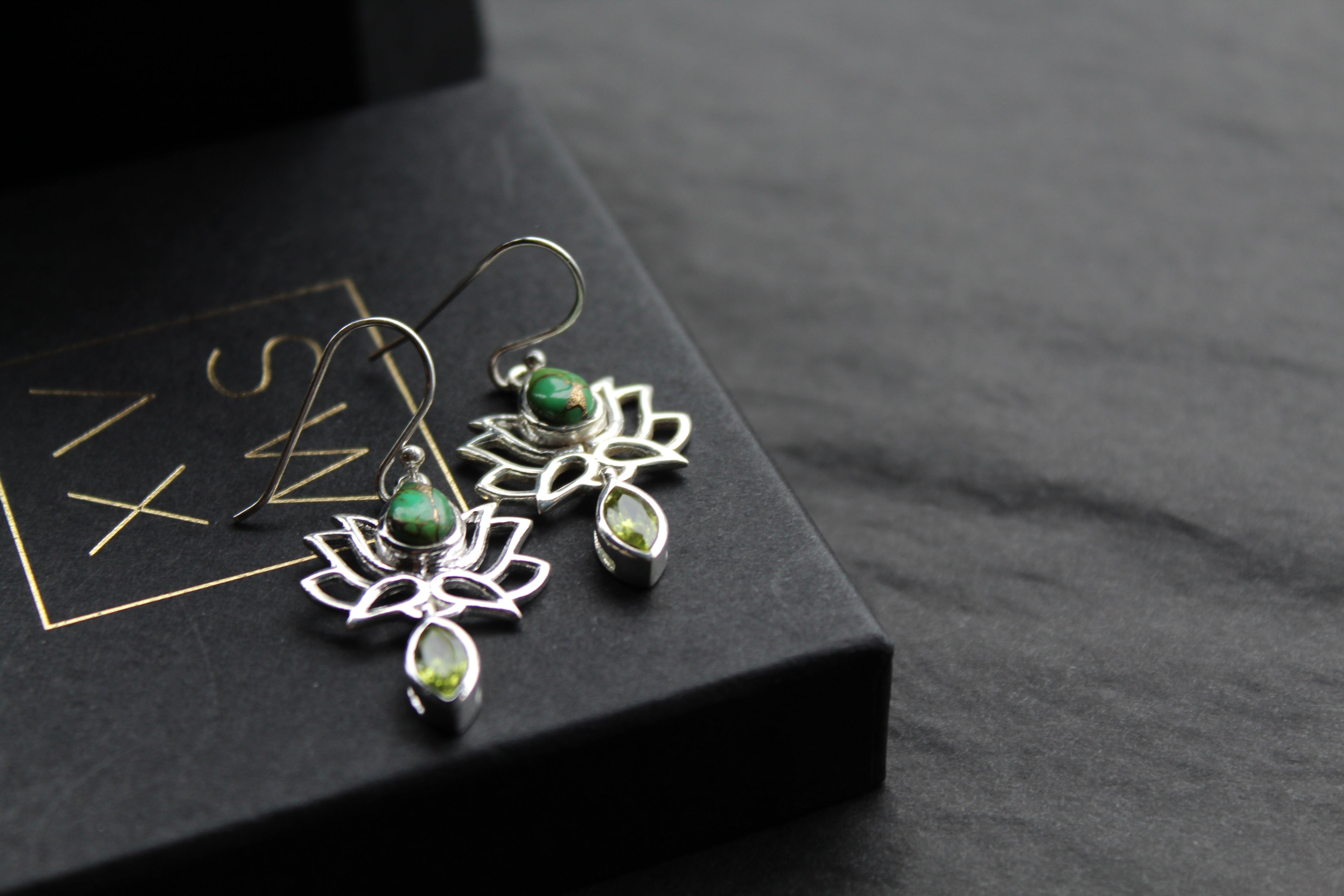 Green Copper Turquoise Peridot Lotus Flower Earrings