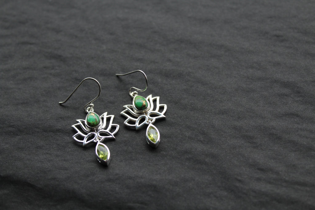 Green Copper Turquoise Peridot Lotus Flower Earrings