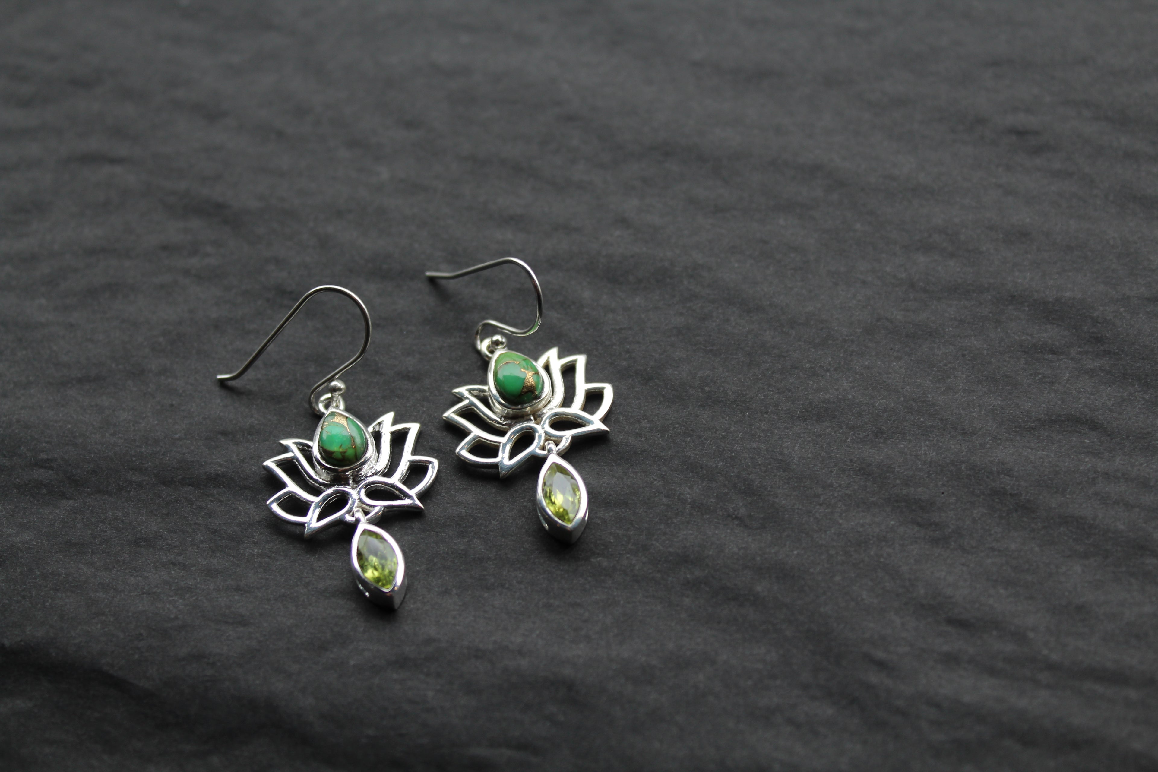 Green Copper Turquoise Peridot Lotus Flower Earrings