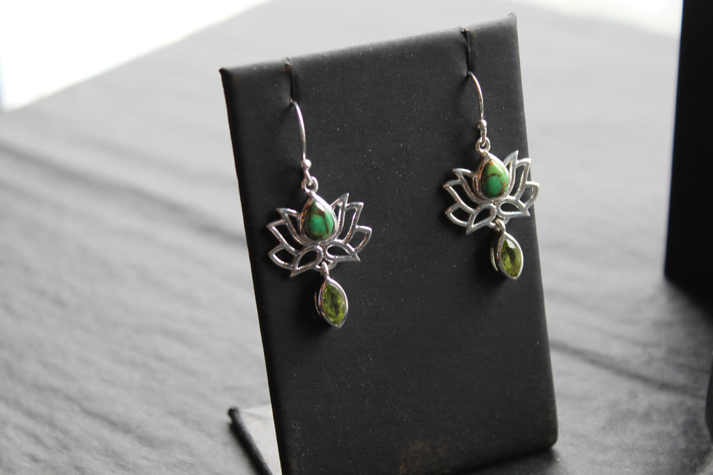 Green Copper Turquoise Peridot Lotus Flower Earrings