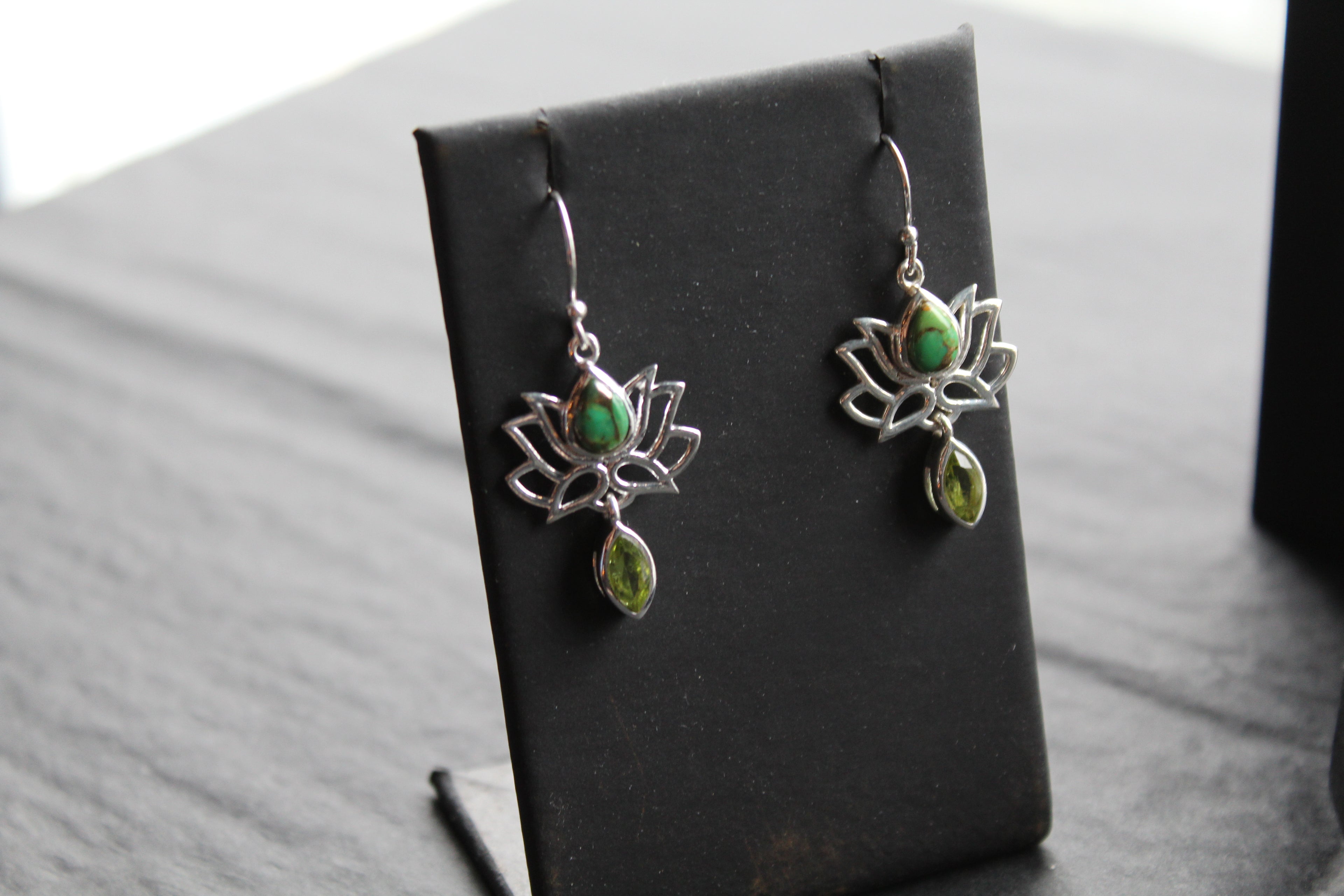 Green Copper Turquoise Peridot Lotus Flower Earrings