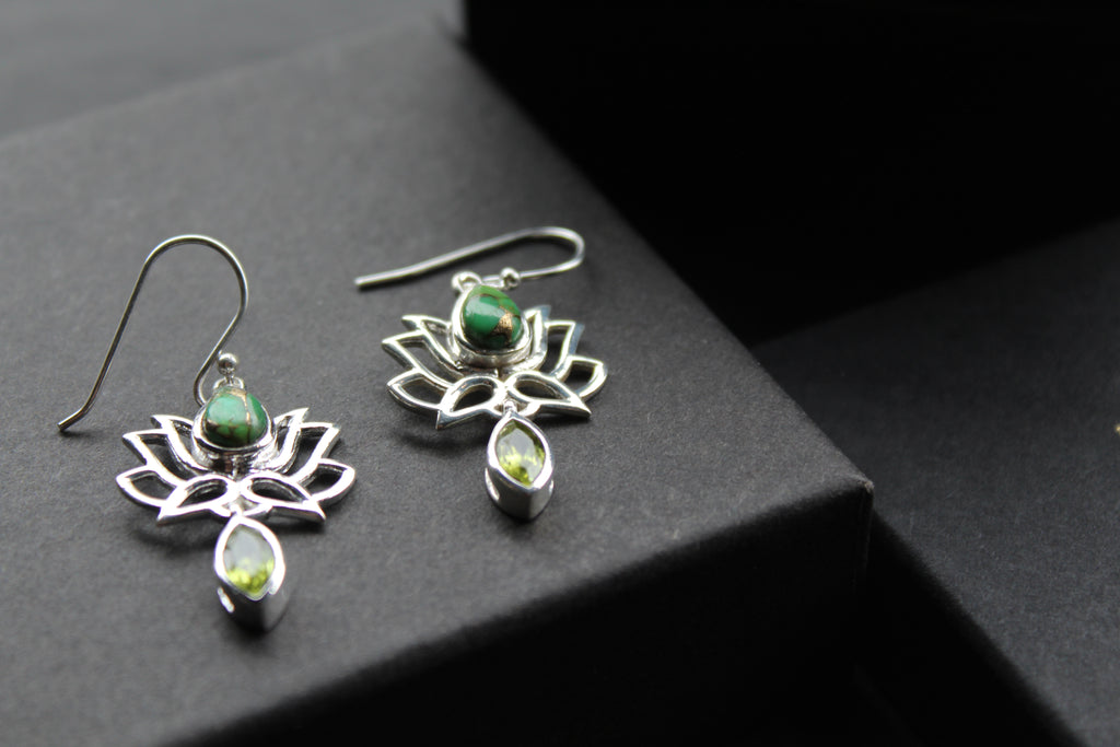 Green Copper Turquoise Peridot Lotus Flower Earrings