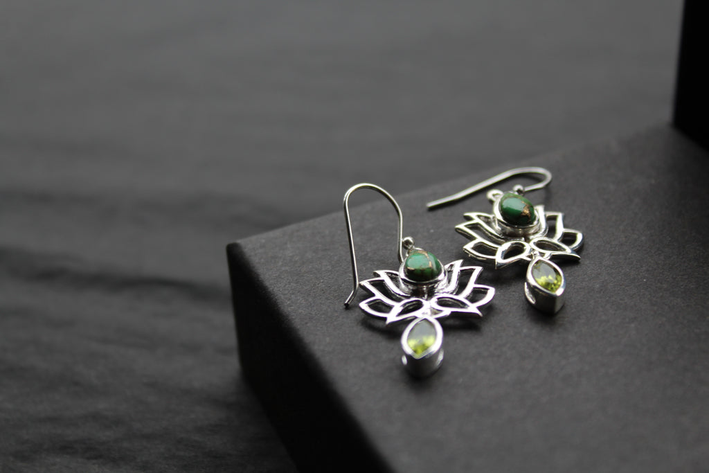 Green Copper Turquoise Peridot Lotus Flower Earrings