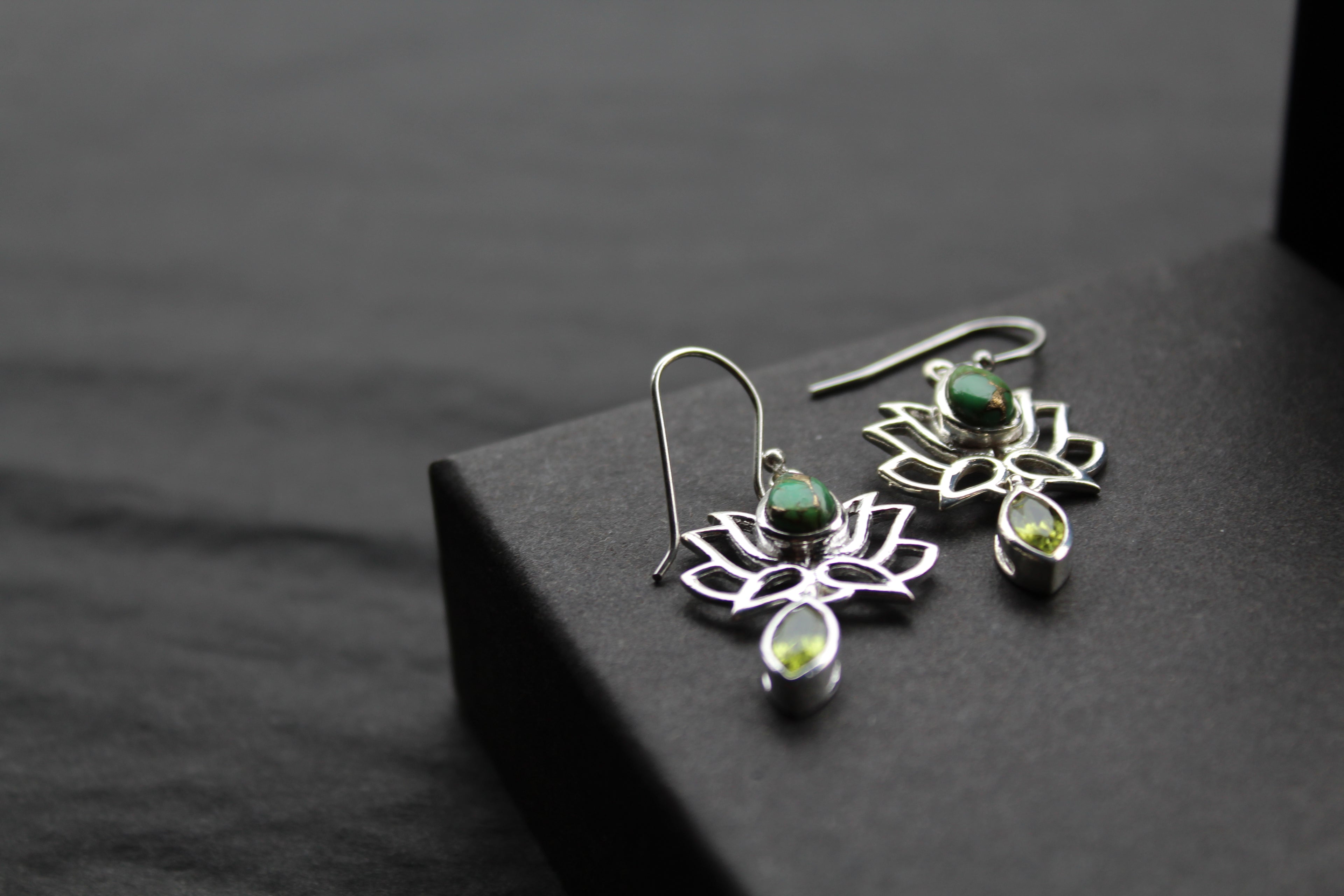 Green Copper Turquoise Peridot Lotus Flower Earrings