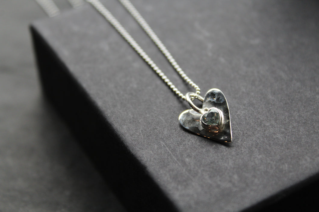 Hammered Blue Topaz Heart Pendant and Chain
