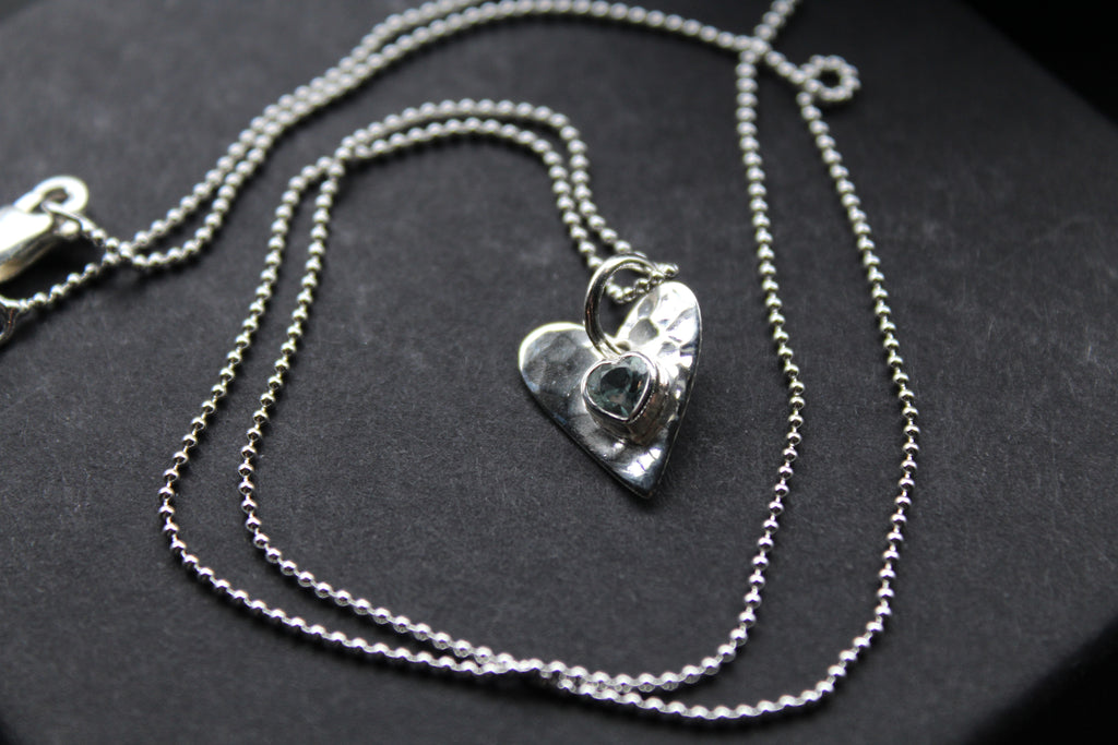 Hammered Blue Topaz Heart Pendant and Chain
