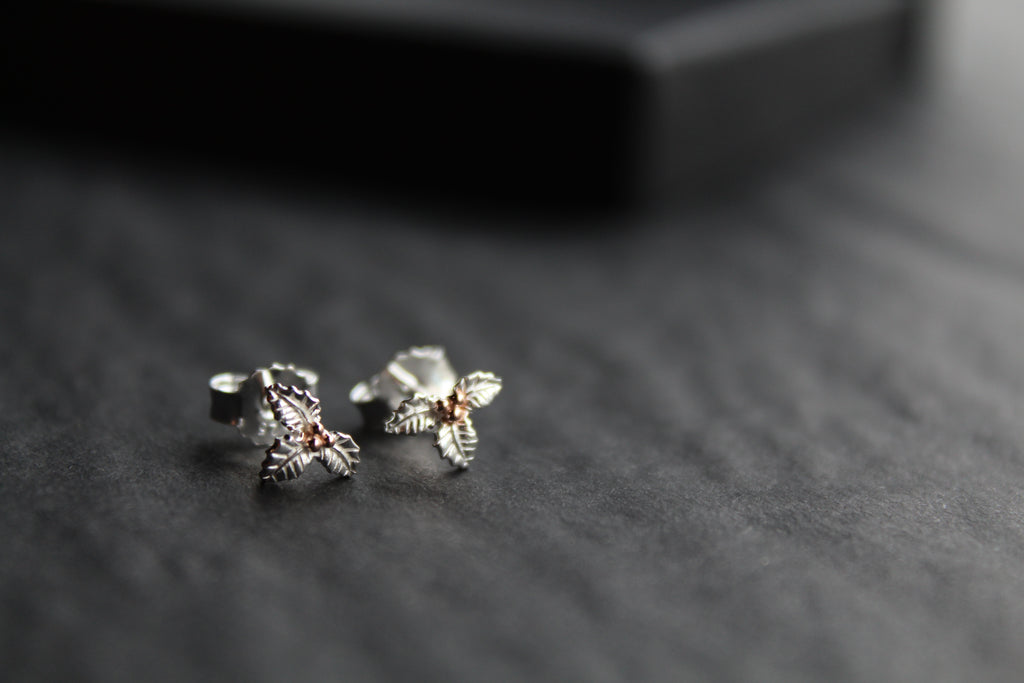 Holly Studs with Rose Gold Plated Berries