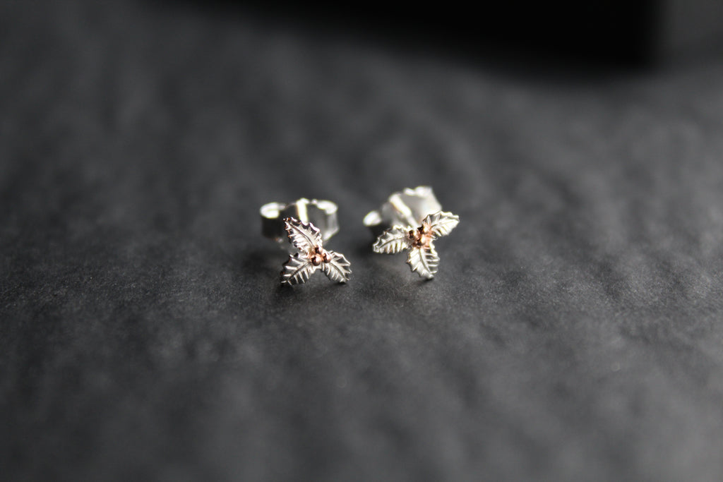 Holly Studs with Rose Gold Plated Berries