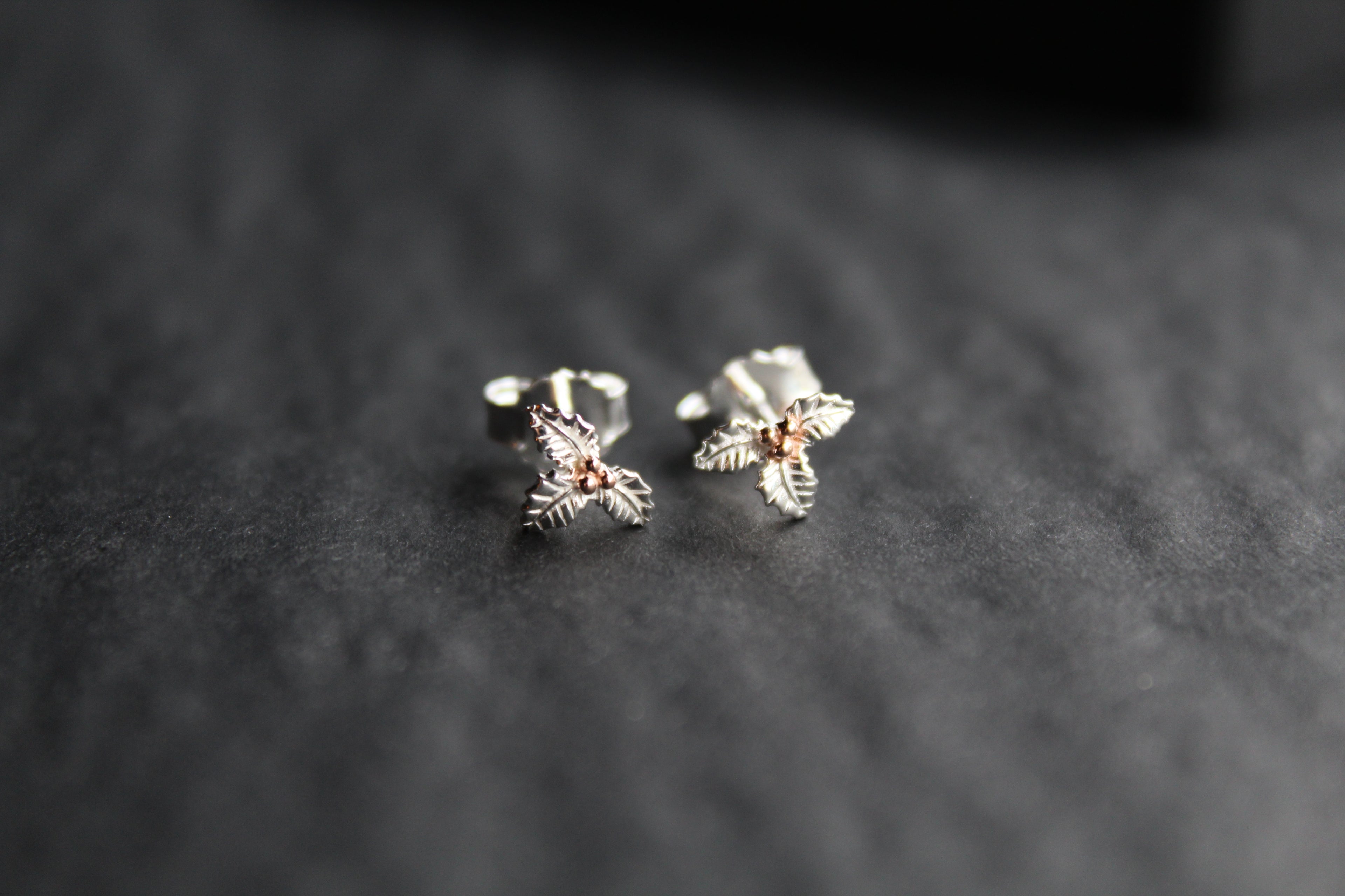 Holly Studs with Rose Gold Plated Berries