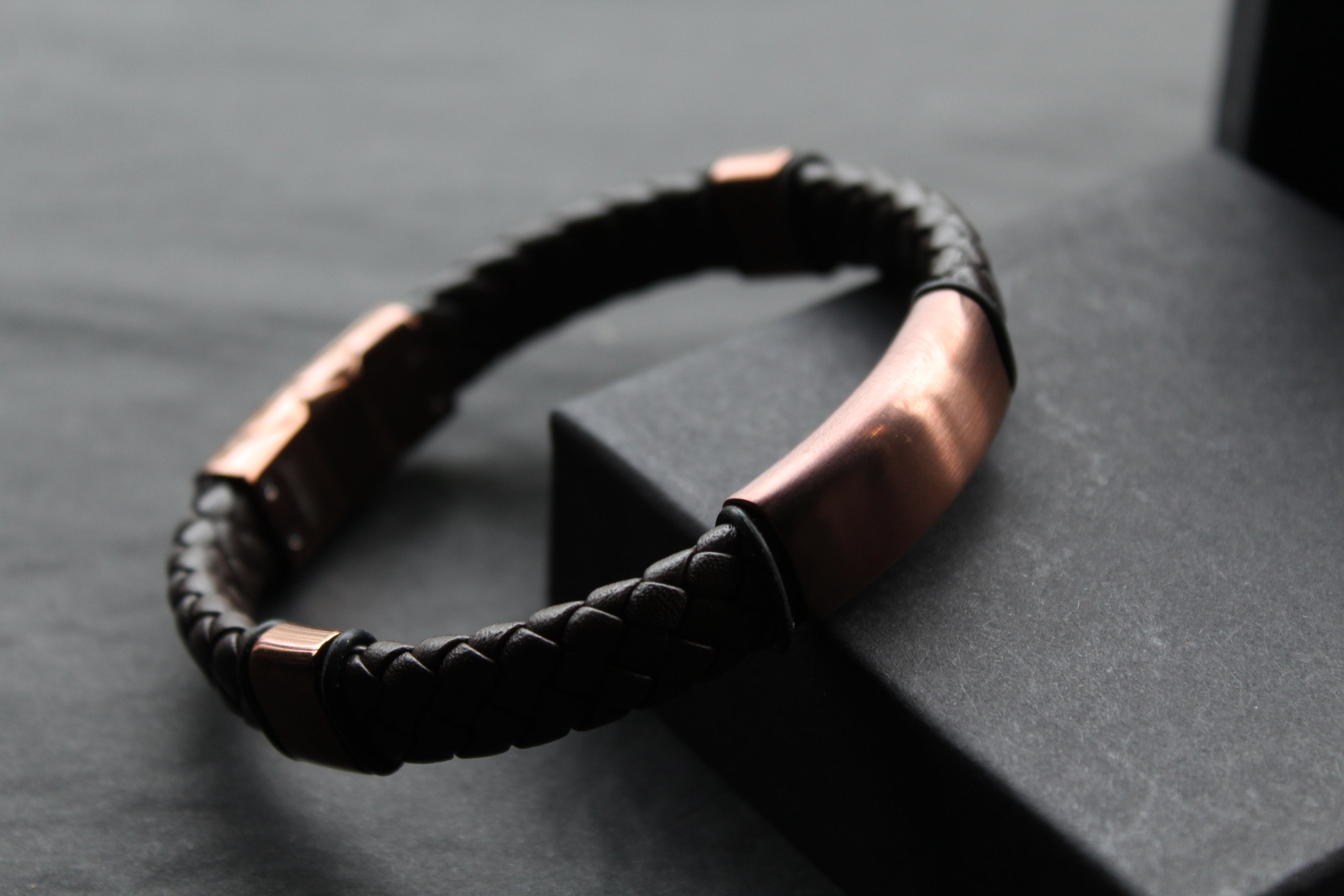 Fred Bennett Woven Brown Leather Bracelet with Coffee Plated Stainless Steel