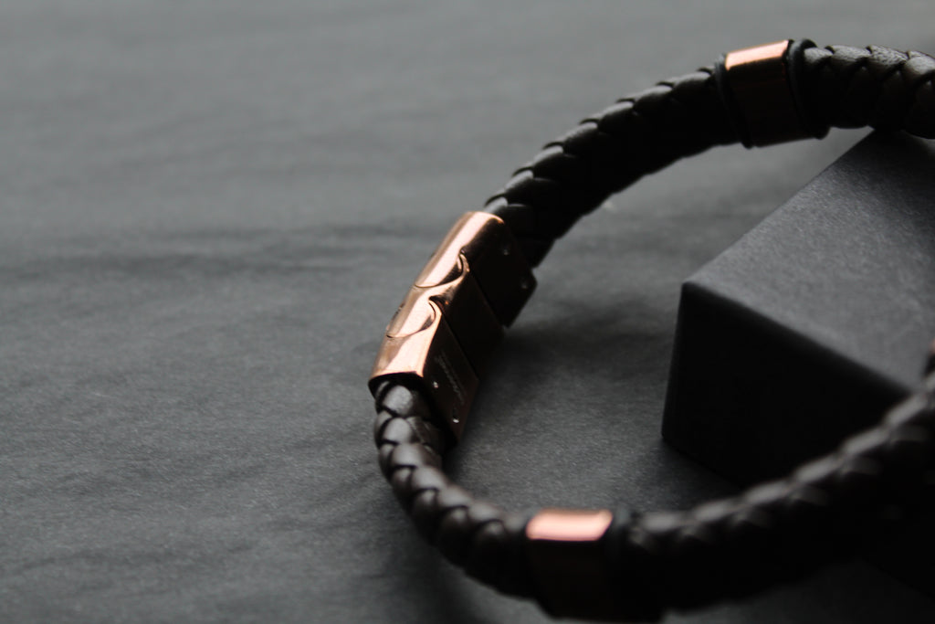 Fred Bennett Woven Brown Leather Bracelet with Coffee Plated Stainless Steel