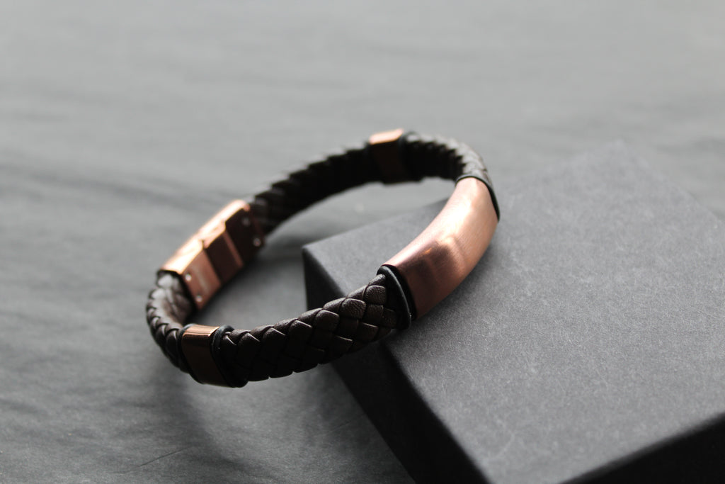 Fred Bennett Woven Brown Leather Bracelet with Coffee Plated Stainless Steel