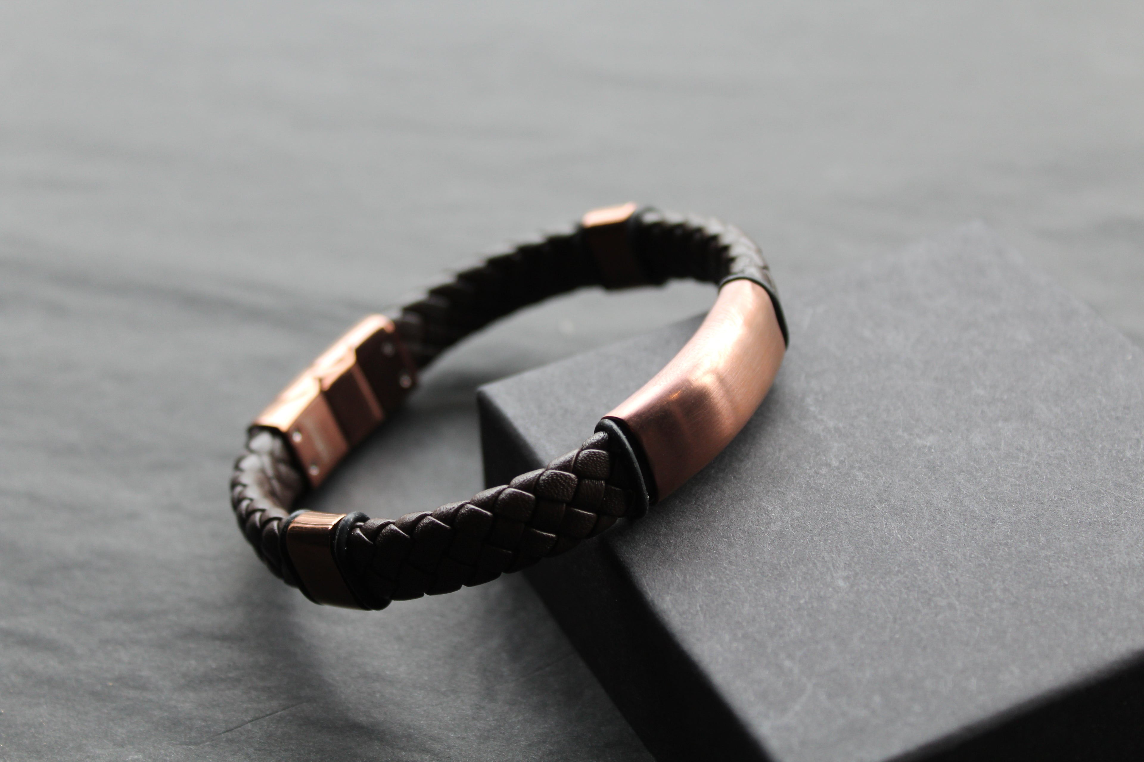 Fred Bennett Woven Brown Leather Bracelet with Coffee Plated Stainless Steel