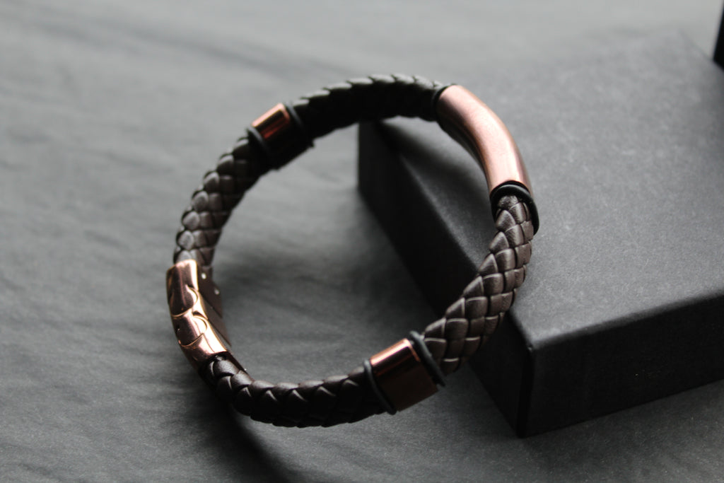 Fred Bennett Woven Brown Leather Bracelet with Coffee Plated Stainless Steel