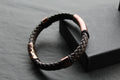 Fred Bennett Woven Brown Leather Bracelet with Coffee Plated Stainless Steel