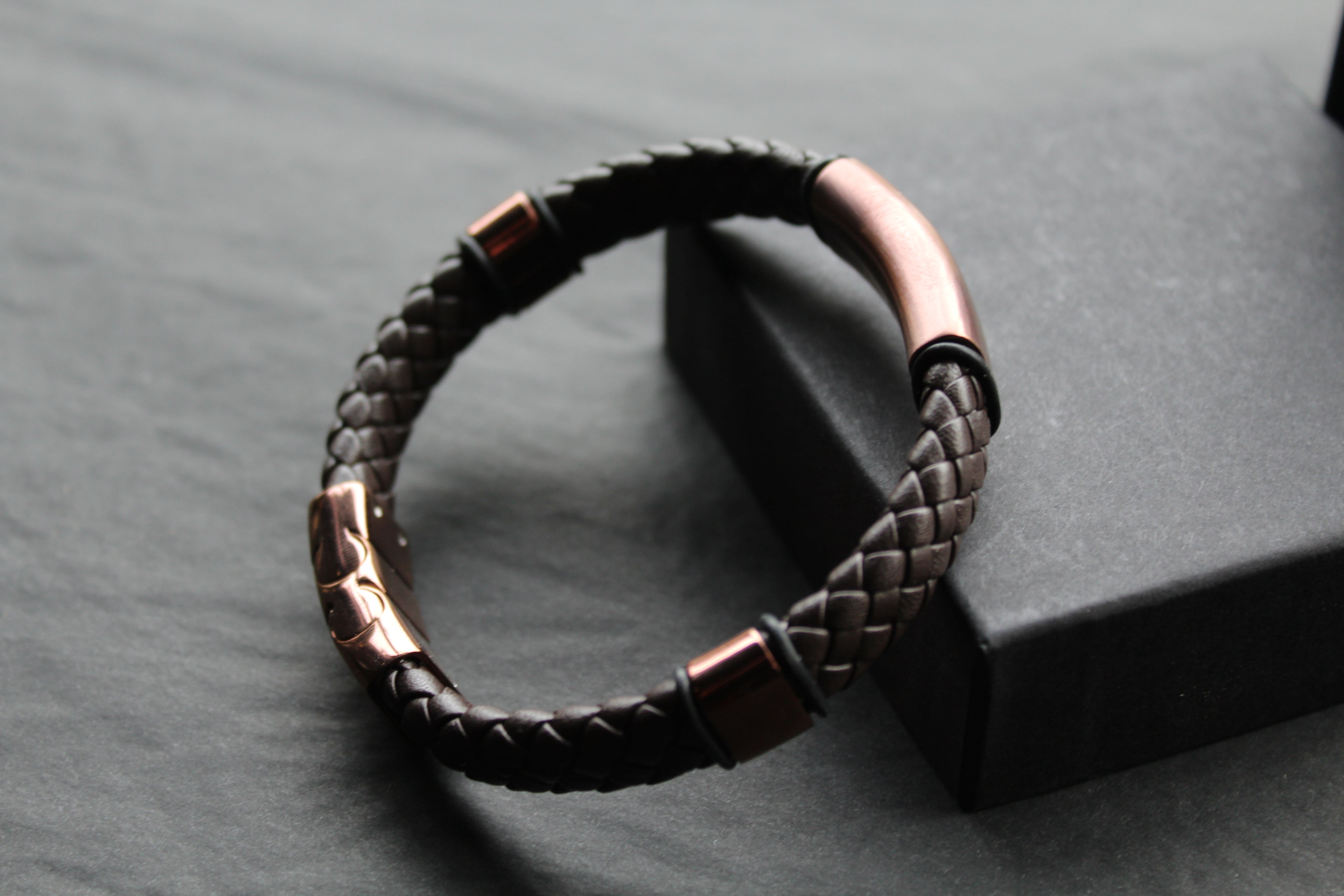 Fred Bennett Woven Brown Leather Bracelet with Coffee Plated Stainless Steel