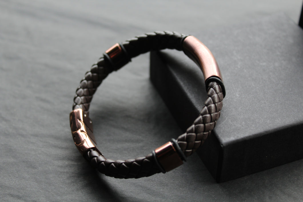Fred Bennett Woven Brown Leather Bracelet with Coffee Plated Stainless Steel