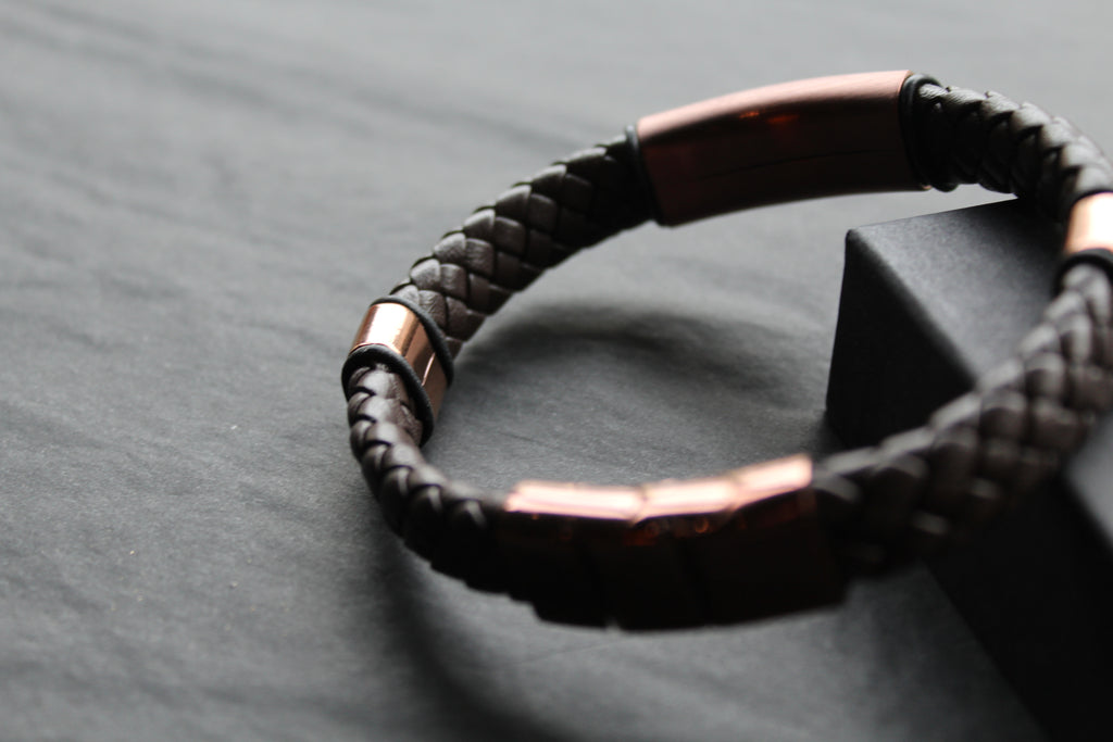 Fred Bennett Woven Brown Leather Bracelet with Coffee Plated Stainless Steel