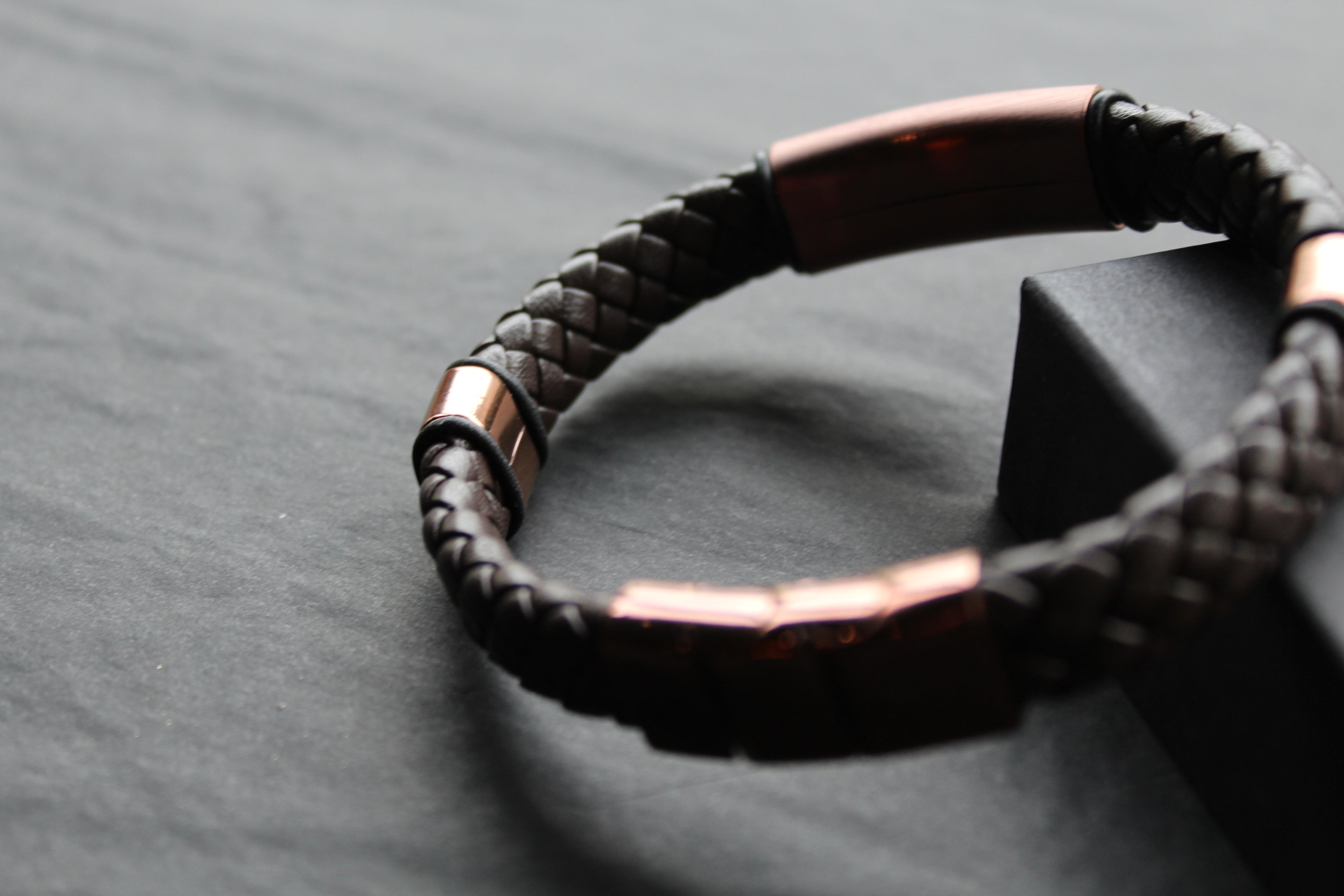 Fred Bennett Woven Brown Leather Bracelet with Coffee Plated Stainless Steel