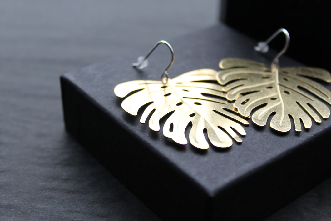 Large Brass Monstera Statement Earrings