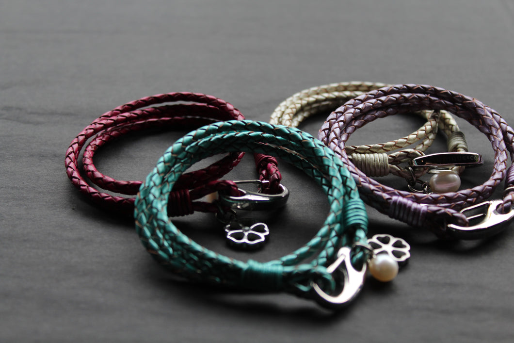 Leather Bracelet with Pearl & Flower Charms