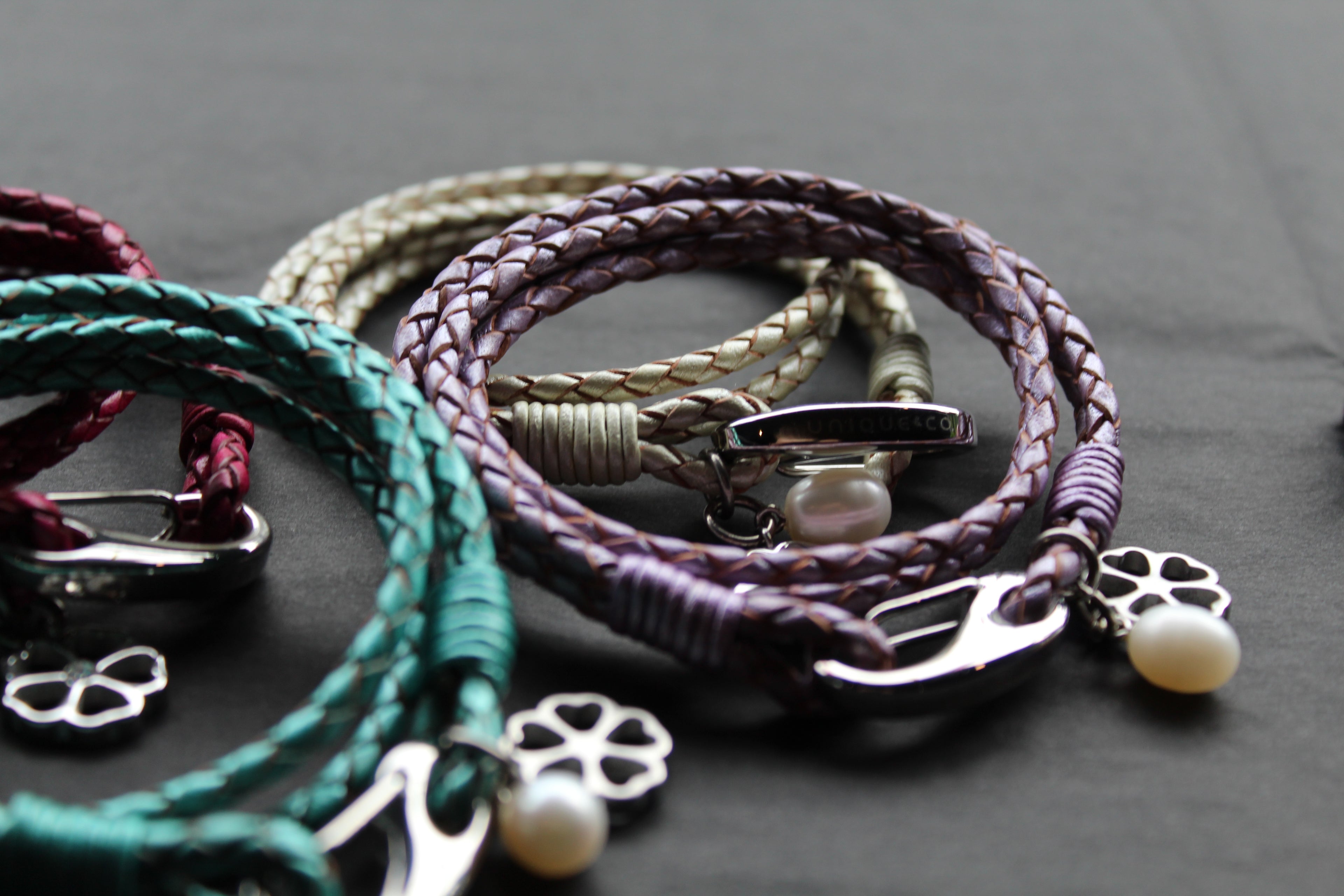 Leather Bracelet with Pearl & Flower Charms