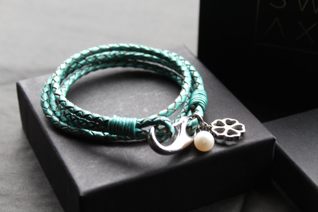 Leather Bracelet with Pearl & Flower Charms